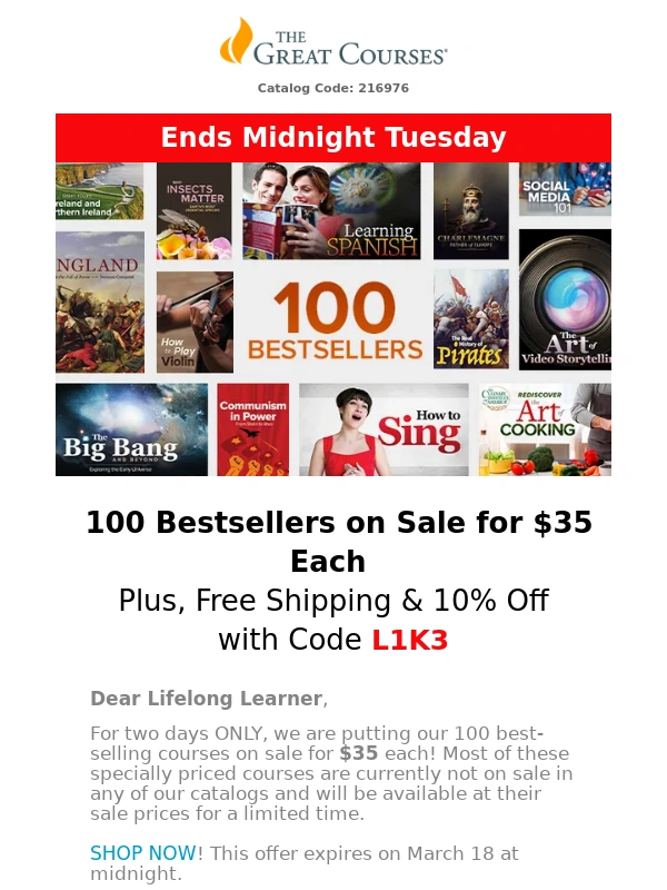 The Great Courses - Last Day to Get 100 Courses for $35 + Free Shipping & 10% Off!