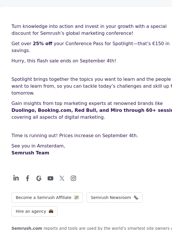 SEMrush - Get 25% off your Spotlight ticket