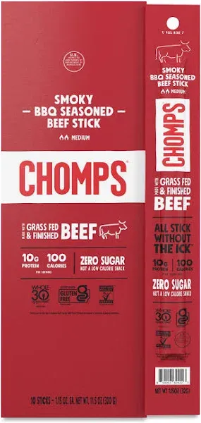 Chomps Grass-Fed and Finished Smoky BBQ Beef Jerky Snack Sticks