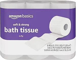 Amazon Basics Soft and Strong 2-Ply Toilet Paper, 6 Ultra Rolls  24 Regular Rolls, Unscented, 340 Sheet (6 Rolls)