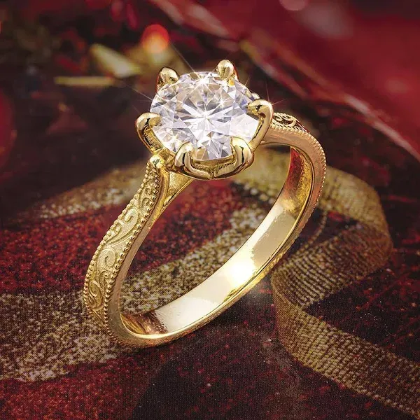 Round Moissanite Ring 1.5 ct with Yellow Gold-Finished .925 Sterling Silver Setting