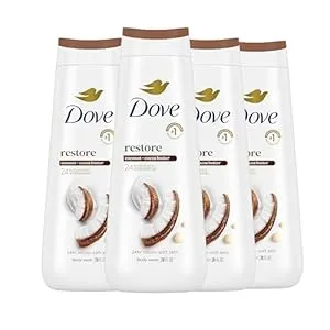Dove Body Wash Restoring Coconut & Cocoa Butter 4 Count for Renewed, Healthy-Looking Skin Gentle Skin Cleanser That Effectively Washes Away Bacteria While Nourishing Your Skin 20 oz