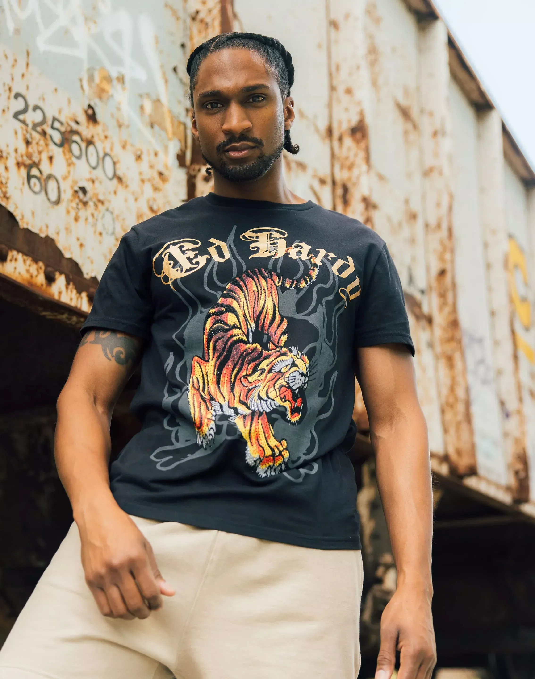 Ed Hardy Crawling Tiger Rhinestone Tee  - Black - Size: LG