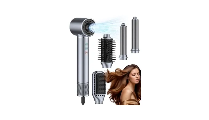 Dryhsip 5 in 1 Hot air Blow Dryer Brush Hair Dryer Curling Wand Volumizing Brush Straightening Brush Blow Dryer Brush – Rapid Drying, Volume Boost, Ionic Smoothing, 110k RPM Motor（Steel Blue）