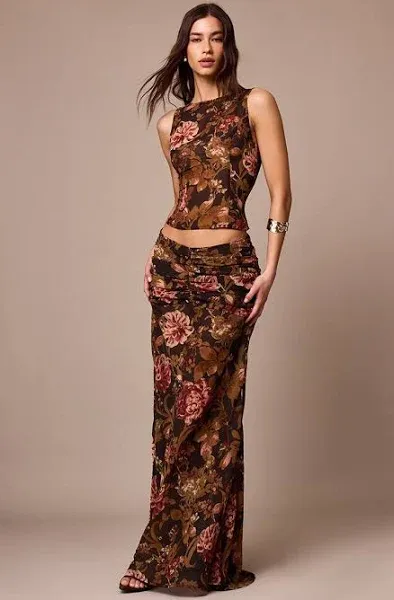 Floral Chiffon Ruched Maxi Skirt