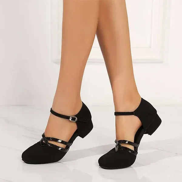 Women's Black Ballroom Dance Shoes with Suede Sole - Low Heel, Comfortable and Non-Slip Practice Latin Dance Shoes with Straps 2025 - $29.99