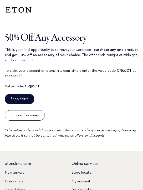 Eton Shirts - Last Chance: 50% Off Any Accessory Ends Tonight