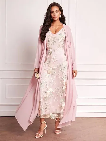 Women's Embroidered V Neck Long Sleeve Wedding Guest Dress Set