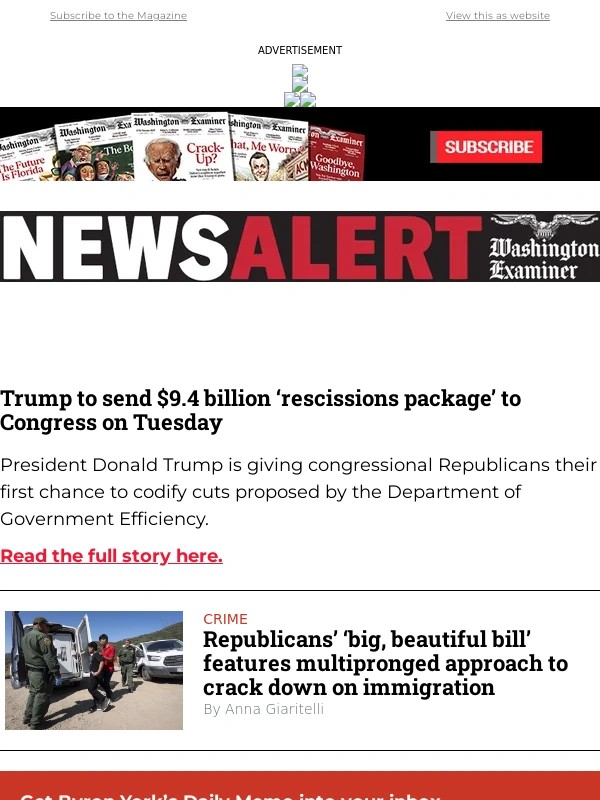 Washington Examiner - Trump to send $9.4 billion ‘rescissions package’ to Congress on Tuesday
