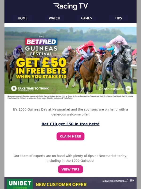 Racing TV - £50 in free bets for the 1000 Guineas from Betfred