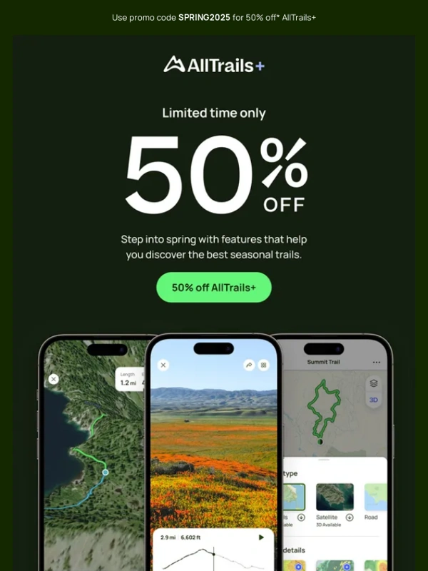 Alltrails - 50% off AllTrails+ starts now