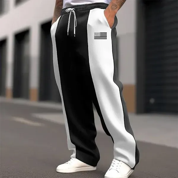 Men's Sweatpants Trousers Straight Leg Sweatpants Pocket Drawstring Elastic Waist Color Block National Flag Comfort Christmas Sports Outdoor Fashion C