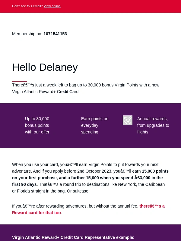 Virgin Atlantic Airlines - Last call for 30,000 Virgin Points