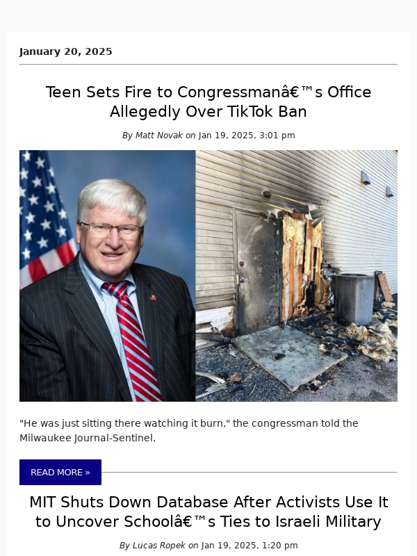 Gizmodo - Teen Sets Fire to Congressman’s Office Allegedly Over TikTok Ban
