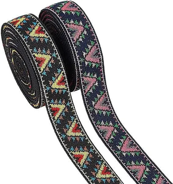 BENECREAT 6 Yards 2 Colors Vintage Triangle Jacquard Elastic Ribbon, 1inch Boho Sewing Embroidered Elastic Band for DIY Clothing Accessories