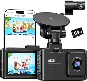 Dash Cam Front and Rear: 4K Dual Channel Dash Cam – 5GHz WiFi, Dash Camera for Cars with 64GB Card, 2.0″ IPS Screen, App Control, G-Sensor, Loop Recording, 170° Wide Angle, Night Vision, Parking Mode