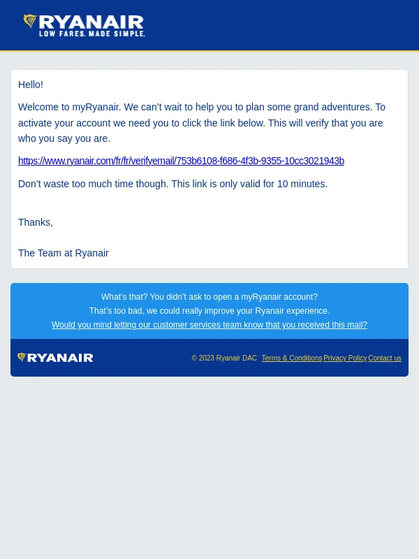 Ryanair - Activation link