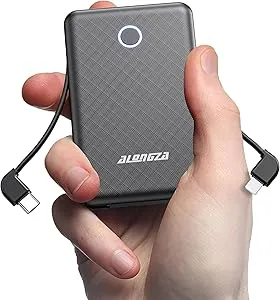 Alongza Portable Charger Small Size Built in Cable 6000mAh Power Bank, External Battery Pack Lightweight Backup Charger, Ultra Slim Battery Backup Charger for Cell Phones
