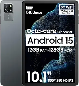 Blackview 10 inch Android Tablet, 2025 Android 15 Tablet with 12(4+8) GB+128GB 2TB Expand, Dual Speakers and Camera, BT5.3, WiFi 6, Google GMS, 2.0GHz CPU, Support Widevine L1, PC Mode,Gray