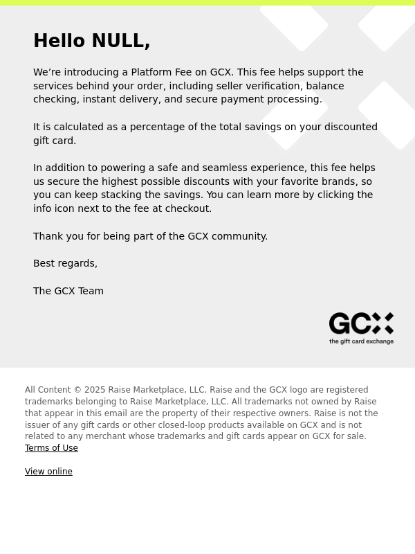 Raise - Notice of New Platform Fee