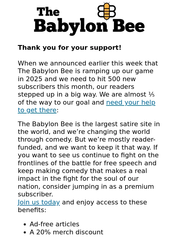 Babylon Bee - 100 down,400 to go…