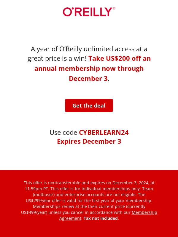 O'Reilly - Don't wait for $200 membership savings