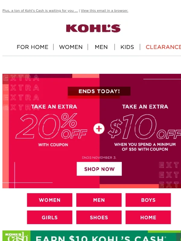 Kohls - Take $10 off + save an extra 20% ? Talk about a WIN-WIN!