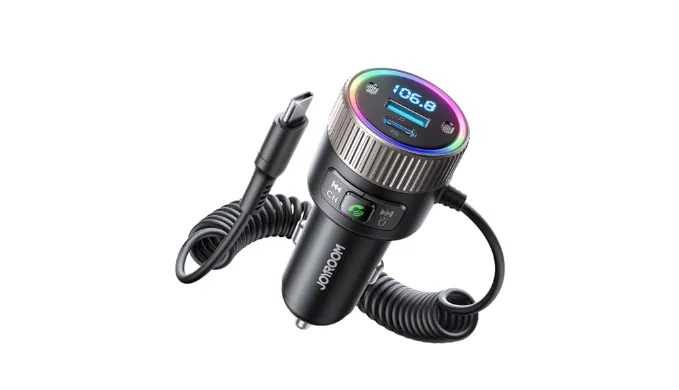 JOYROOM Bluetooth 5.4 FM Transmitter Car Adapter 60W PD 3.0 Fast Charging with USB-C Cable [Light Control] [HiFi Bass Sound] Wireless Radio Music Adapter, Hands-Free Calling Support USB Drive