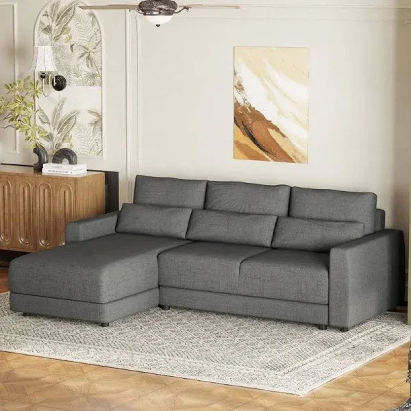 93 in. Straight Arm Linen L-Shaped Sectional Sofa with Removable Back Cushions and