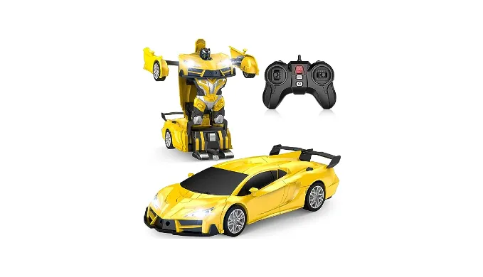 Qumcou Remote Control CarTransform Robot RC Cars with Cool LED Headlights, 2.4Ghz Toys Car with 360 Degree Rotation and One-Button Deformation, Christmas Birthday Gifts for Boys Girls(Yellow)