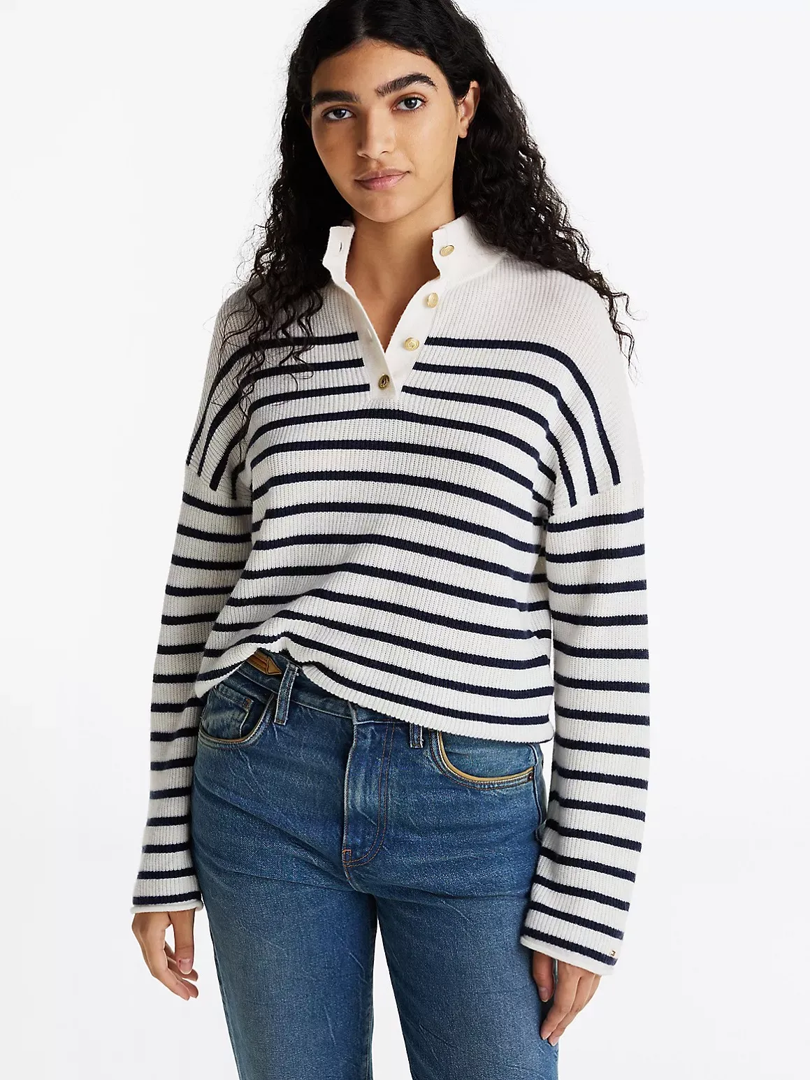 Tommy Hilfiger Women's Gold-Tone Button Polo Sweater - Navy - XS