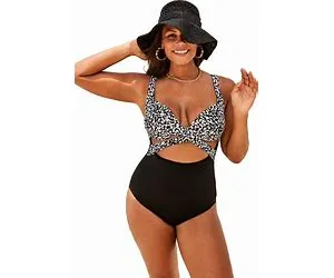 Plus Size Women's Cut Out Underwire One Piece Swimsuit By Swimsuits For All In Black White Abstract (Size 6)