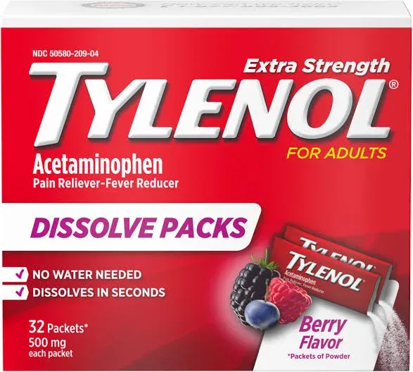 Tylenol Extra Strength Dissolve Packs Berry Flavor 32 Packets