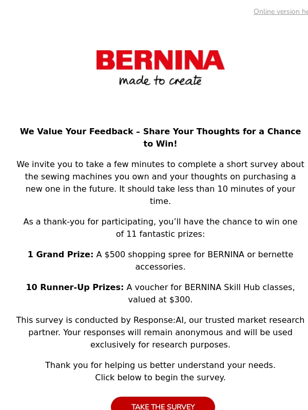 Bernina - We Appreciate You! Take Our Survey for a Chance to Win