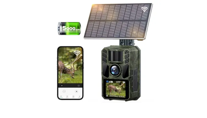 FKPCAM Trail Camera WiFi Solar Trail Cam Built-in 5000mAh Rechargeable Battery – Game Camera IP67 Waterproof – 4K 64MP Wildlife Hunting Cameras with Night Vision Motion Activated, 64GB Memory Card