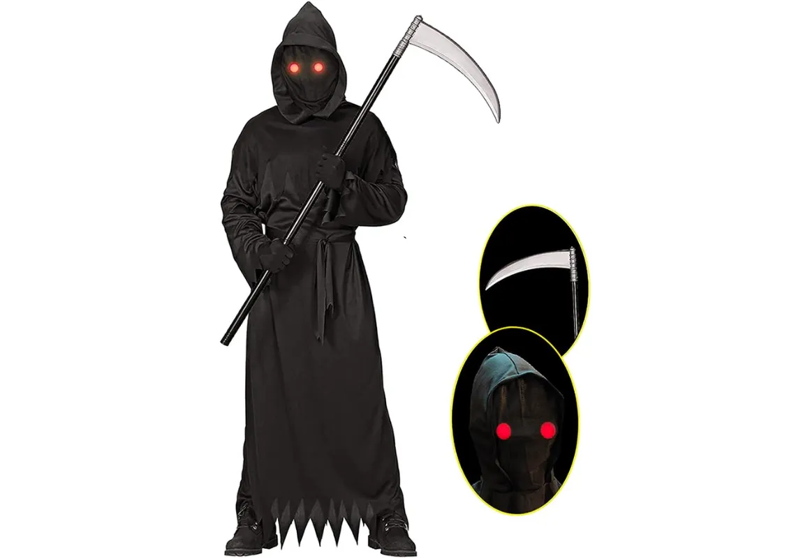 Adult Grim Reaper Halloween Costume with Glowing Red Eyes, Scythe Included
