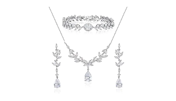SWEETV Bridal Jewelry Set for Wedding, Cubic Zirconia Necklace Dangle Earrings Bracelet Set, Teardrop Marquise Brides Bridesmaids Wedding Prom Jewelry Sets for Women