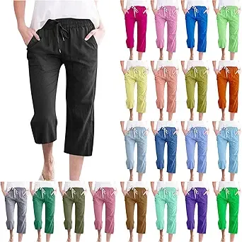 Cotton Linen Capri Pants for Women High Waist Cropped Pant Tie Knot Wide Leg Slacks Summer Beach Palazzo Trousers Black Small