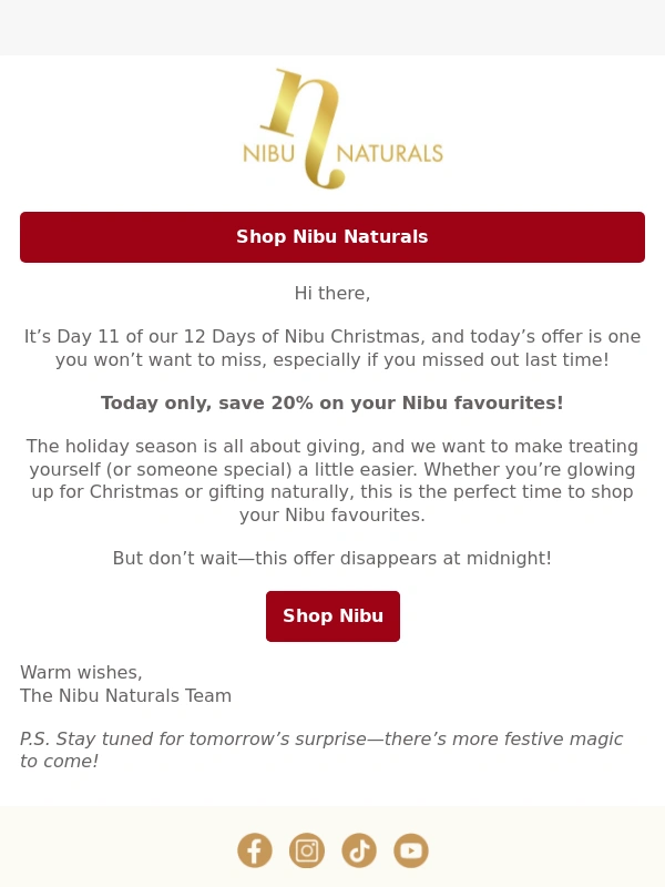 Nibu Naturals - Day 11: 20% Off Everything – One Day Only!
