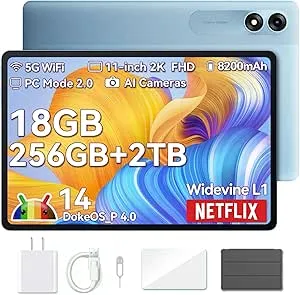 Blackview Tablet 2025, 11 inch Android Tablet with 18GB+256GB Storage(Expand to 2TB), Tab 9 WiFI Android 14 Tablets with 2.4K FHD Display, Widevine L1, 8200mAh, 5G WiFi, 13MP+8MP/Face ID/PC Mode, Blue