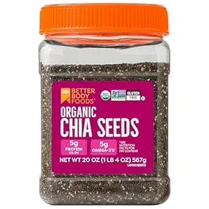 BetterBody Foods Organic Chia Seeds with Omega-3, Non-GMO, Gluten Free, Keto Diet Friendly, Vegan, Good Source of Fiber, Add to Smoothies, 1.25lb