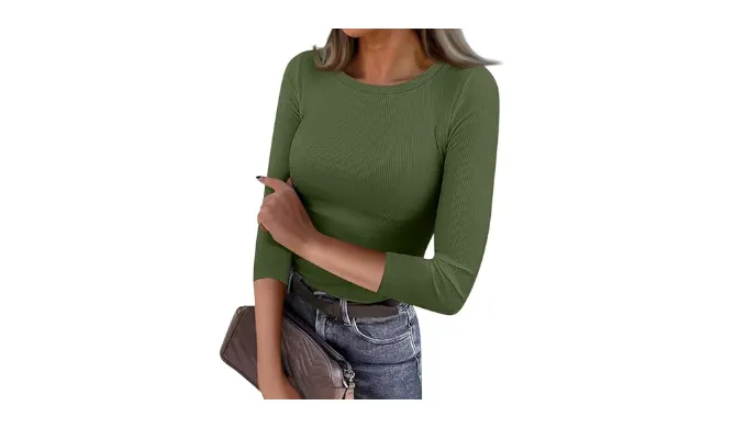 Women Tops 3/4 Sleeve Crewneck Ribbed Knit Work Tops Stretchy Summer Sexy T Shirts Lightweight Y2K Clothes (S-3Xl)