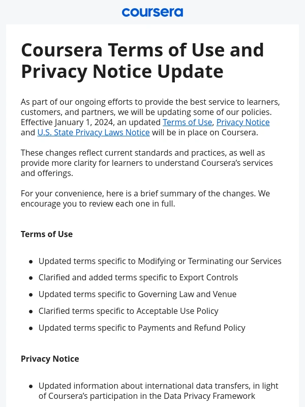 Coursera - Coursera Terms of Use and Privacy Notice Update
