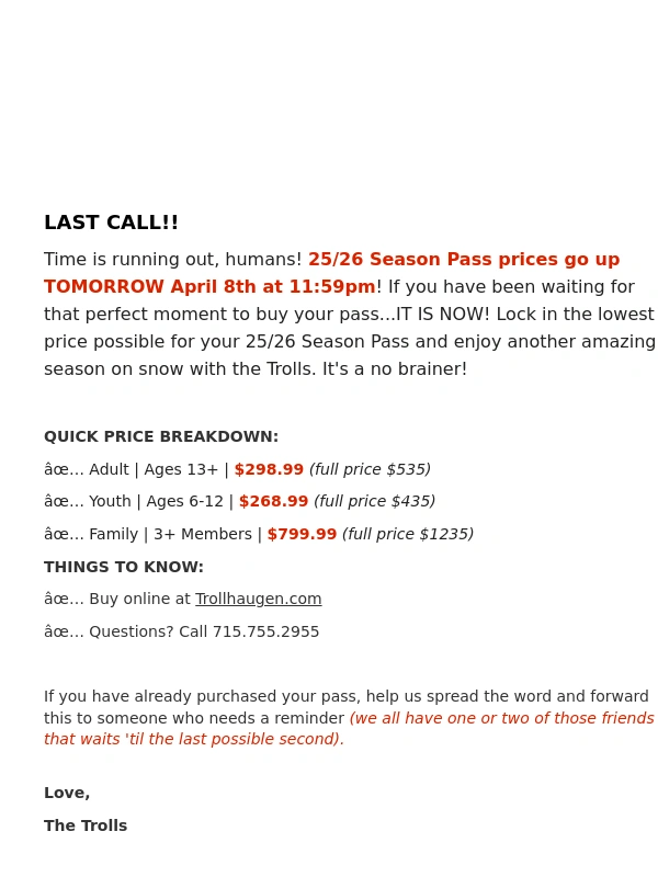 Trollhaugen - PASS PRICES GO UP TUESDAY! | 25/26 Pass Sale ends 4/8 @ 11:59pm!