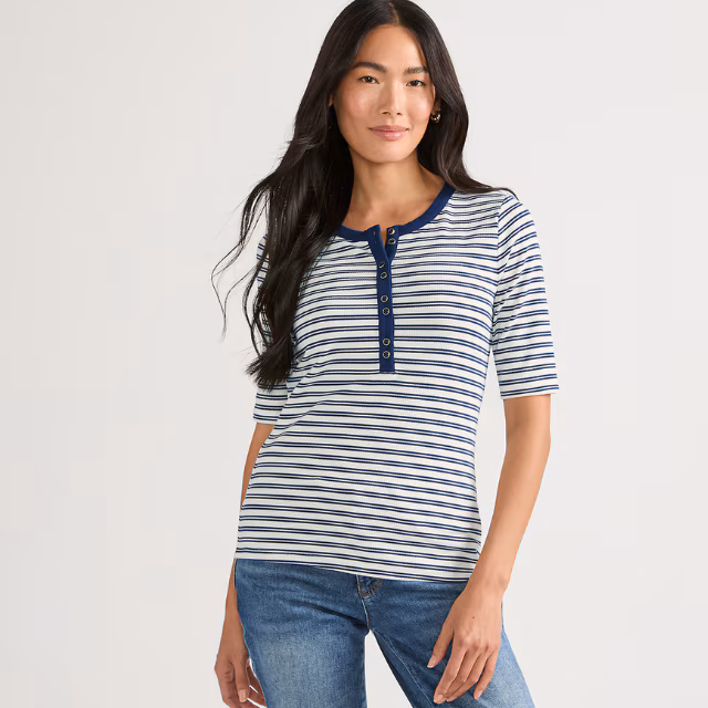 Lands' End Women's Elbow Sleeve Polished Rib Henley Top