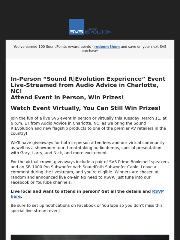 SVS - Livestream of In-Person SVS “Sound R|Evolution Experience” Event in Charlotte,NC This Tues!
